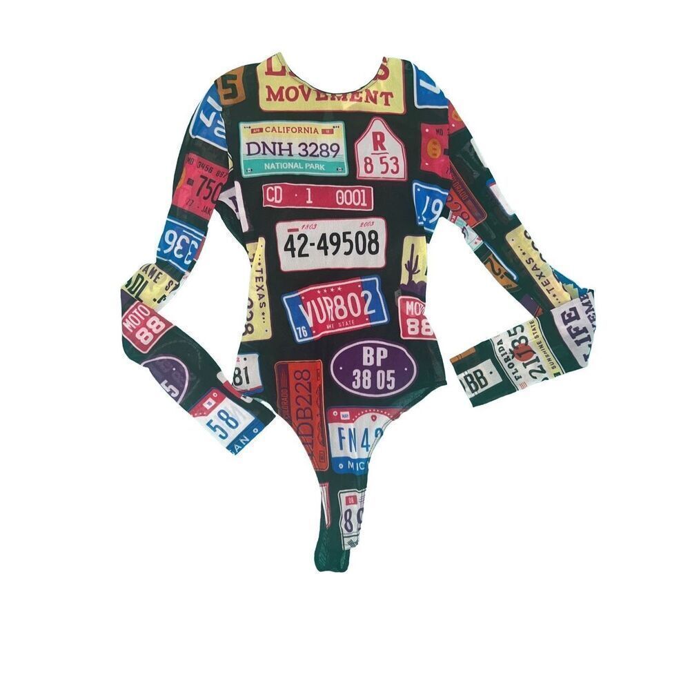 Women’s small license plate print night lingerie suit sexy model bodysuit S